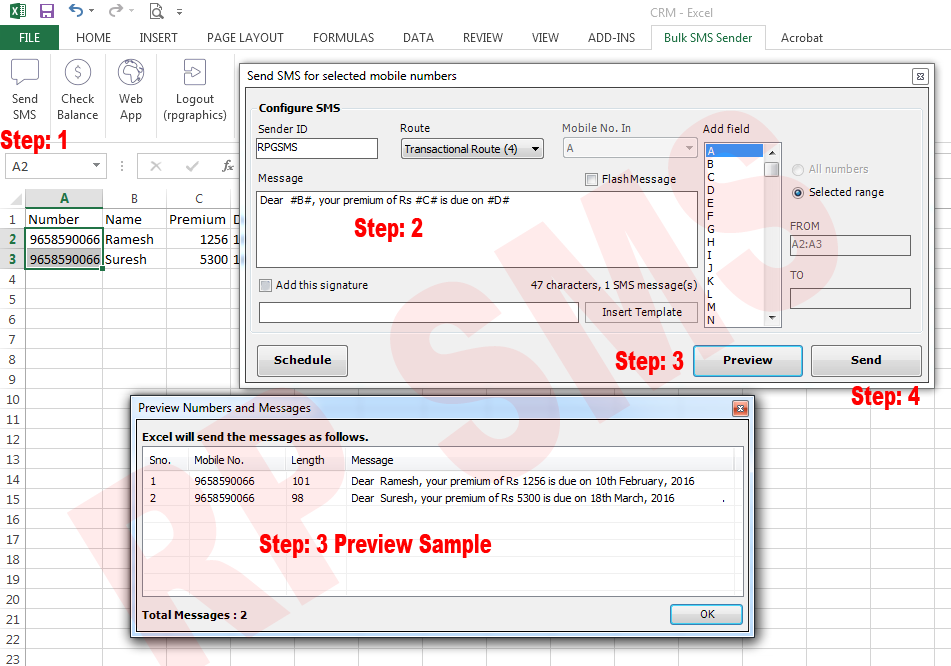 SMS Excel Plugin